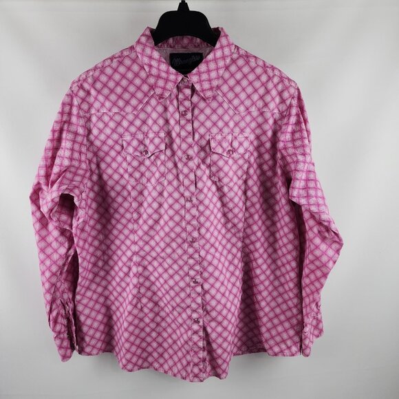 Wrangler Shirt Womens 3XL Pink Checks Western Pearl Snap L/S Button Up - Picture 1 of 6